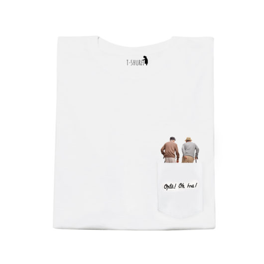 T-Shura maglietta umarell - t-shirt con anziani a passeggio nel cantiere scritta Oplà Oh Issa Frase ricamata in nero su taschino